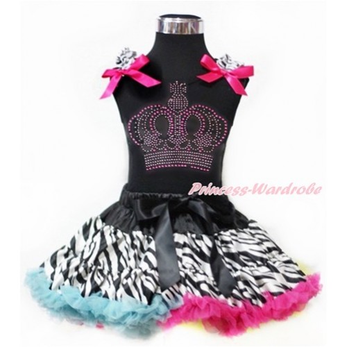 Black Tank Top with Zebra Ruffles & Hot Pink Bows with Sparkle Crystal Bling Rhinestone Crown Print With Rainbow Zebra Pettiskirt MG967 