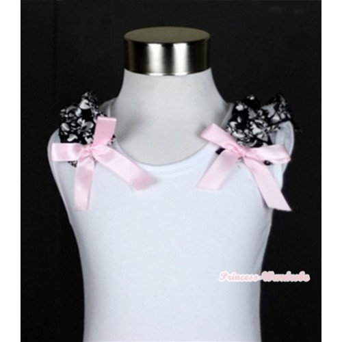 White Tank Top with Damask Ruffles and Light Pink Bow T480 