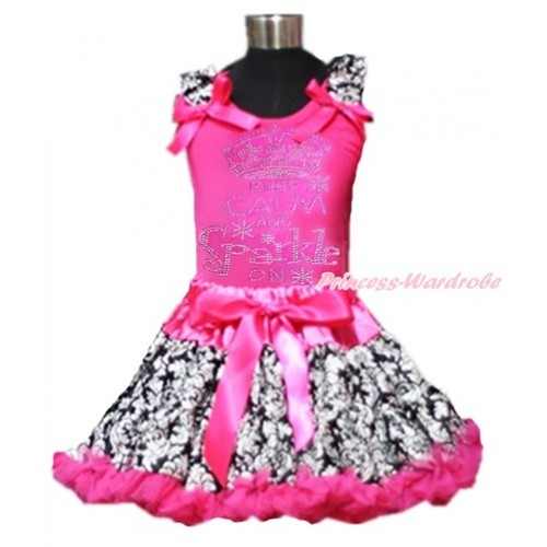 Hot Pink Tank Top with Damask Ruffles and Hot Pink Bows & Sparkle Crystal Bling Rhinestone Keep Calm And Sparkle On Print & Hot Pink Damask Pettiskirt MH150 