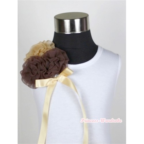 White Tank Top with Bunch of One Light Brown Two Dark Brown Rosettes& Goldenrod Bow TB230 
