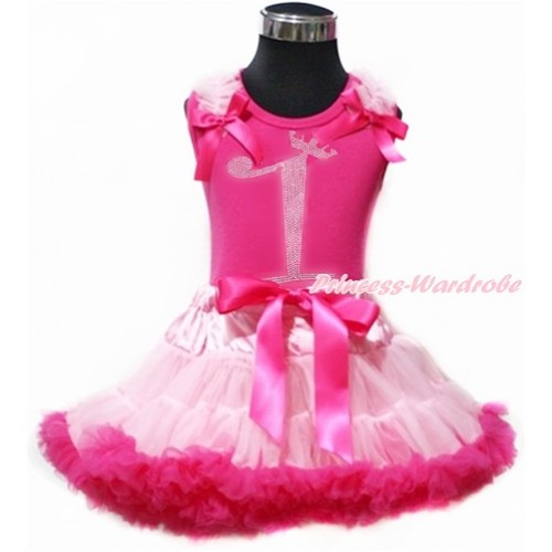 Hot Pink Tank Top with Light Pink Ruffles & Hot Pink Bow with 1st Sparkle Crystal Bling Rhinestone Birthday Number Print & Light Hot Pink Pettiskirt MH152 