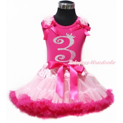 Hot Pink Tank Top with Light Pink Ruffles & Hot Pink Bow with 3rd Sparkle Crystal Bling Rhinestone Birthday Number Print & Light Hot Pink Pettiskirt MH154 