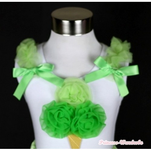 White Tank Top with Light Green Dark Green Ice Cream Print With Light Green Ruffles& Light Green Bows TB238 