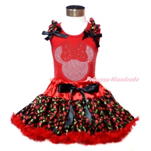 Red Tank Top with Black Cherry Ruffles & Black Bows & Sparkle Crystal Bling Rhinestone Red Minnie Print with Hot Red Black Cherry Pettiskirt CM178 
