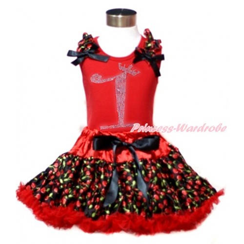 Red Tank Top with Black Cherry Ruffles & Black Bows & 1st Sparkle Crystal Bling Rhinestone Birthday Number Print with Hot Red Black Cherry Pettiskirt CM180 