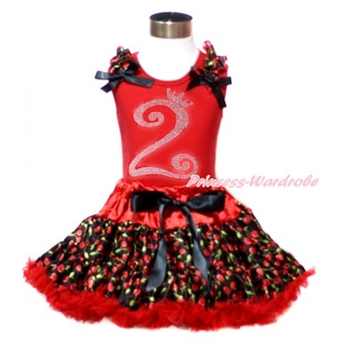 Red Tank Top with Black Cherry Ruffles & Black Bows & 2nd Sparkle Crystal Bling Rhinestone Birthday Number Print with Hot Red Black Cherry Pettiskirt CM181 