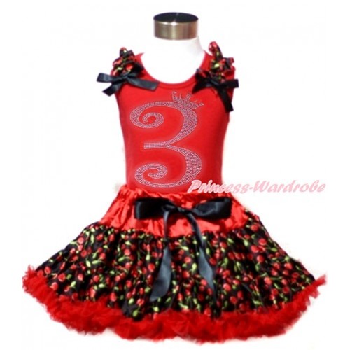 Red Tank Top with Black Cherry Ruffles & Black Bows & 3rd Sparkle Crystal Bling Rhinestone Birthday Number Print with Hot Red Black Cherry Pettiskirt CM182 