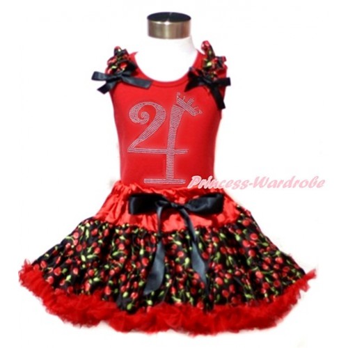 Red Tank Top with Black Cherry Ruffles & Black Bows & 4th Sparkle Crystal Bling Rhinestone Birthday Number Print with Hot Red Black Cherry Pettiskirt CM183 