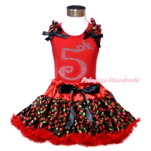 Red Tank Top with Black Cherry Ruffles & Black Bows & 5th Sparkle Crystal Bling Rhinestone Birthday Number Print with Hot Red Black Cherry Pettiskirt CM184 