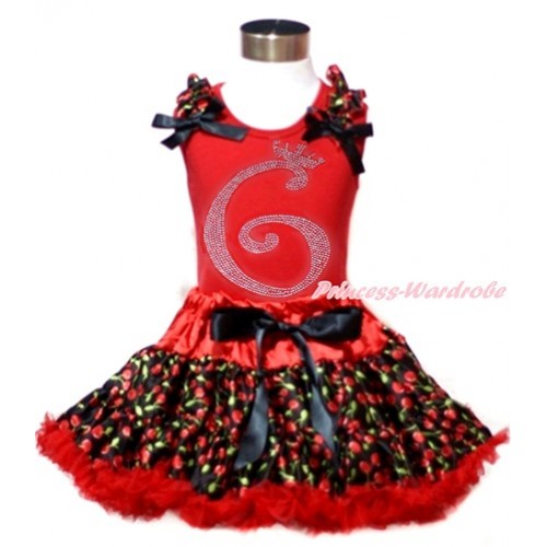 Red Tank Top with Black Cherry Ruffles & Black Bows & 6th Sparkle Crystal Bling Rhinestone Birthday Number Print with Hot Red Black Cherry Pettiskirt CM185 