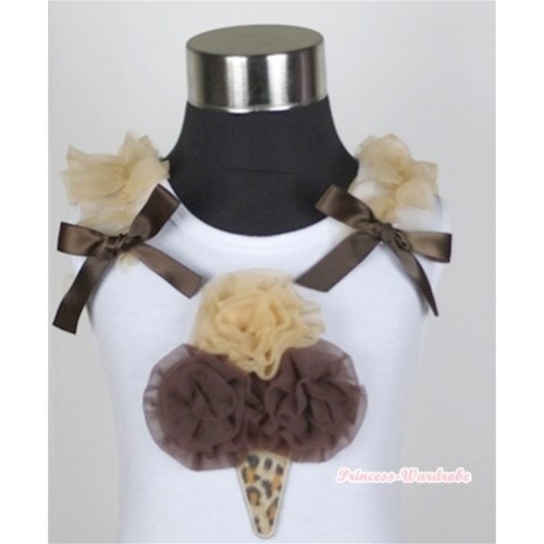 White Tank Top with Light Brown Dark Brown Leopard Ice Cream Print With Light Brown Ruffles& Dark Brown Bows TB240 
