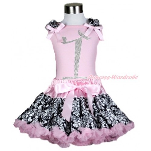 Light Pink Tank Top with Damask Ruffles & Light Pink Bow with 1st Sparkle Crystal Bling Rhinestone Birthday Number Print With Light Pink Damask Pettiskirt M544 