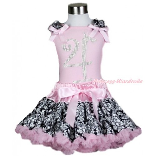 Light Pink Tank Top with Damask Ruffles & Light Pink Bow with 4th Sparkle Crystal Bling Rhinestone Birthday Number Print With Light Pink Damask Pettiskirt M547 