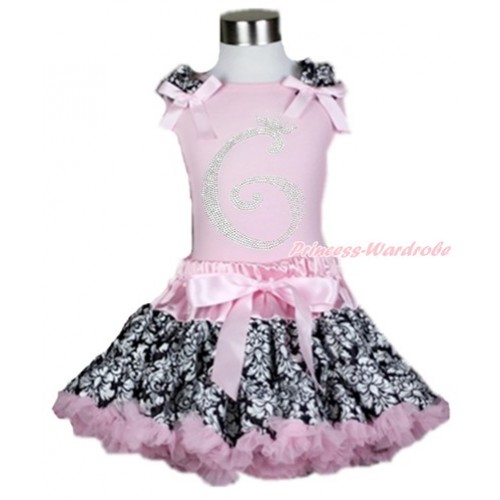 Light Pink Tank Top with Damask Ruffles & Light Pink Bow with 6th Sparkle Crystal Bling Rhinestone Birthday Number Print With Light Pink Damask Pettiskirt M549 