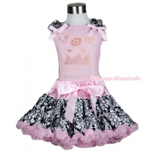 Light Pink Tank Top with Damask Ruffles & Light Pink Bow with Sparkle Crystal Bling Rhinestone Birthday Princess Print With Light Pink Damask Pettiskirt M550 