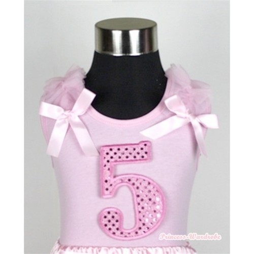 Light Pink Tank Top with 5th Sparkle Light Pink Birthday Number Print with Light Pink Ribbon and Ruffles TP20 