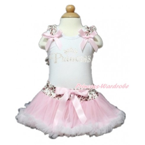 White Baby Pettitop with Light Pink Leopard Ruffles & Light Pink Bows with Sparkle Crystal Bling Rhinestone Princess Print with Light Pink Leopard Waist Light Pink White Newborn Pettiskirt NN118 