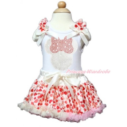 Valentine's Day White Baby Pettitop with Cream White Heart Ruffles & Cream White Bows with Sparkle Crystal Bling Rhinestone Red Minnie Print with Cream White Heart Newborn Pettiskirt NN123 