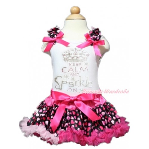 Valentine's Day White Baby Pettitop with Hot Light Pink Heart Ruffles & Hot Pink Bows with Sparkle Crystal Bling Rhinestone Keep Calm And Sparkle On Print with Hot Light Pink Heart Newborn Pettiskirt NN128 