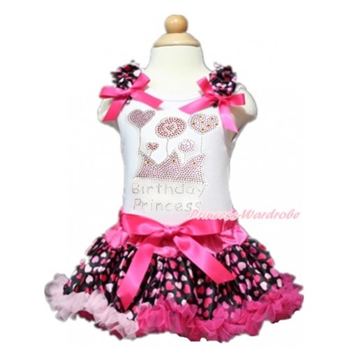 Valentine's Day White Baby Pettitop with Hot Light Pink Heart Ruffles & Hot Pink Bows with Sparkle Crystal Bling Rhinestone Birthday Princess Print with Hot Light Pink Heart Newborn Pettiskirt NN131 