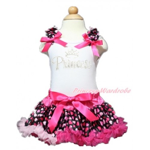 Valentine's Day White Baby Pettitop with Hot Light Pink Heart Ruffles & Hot Pink Bows with Sparkle Crystal Bling Rhinestone Princess Print with Hot Light Pink Heart Newborn Pettiskirt NN132 