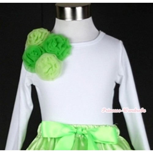 White Long Sleeve Top with Bunch of Light Green Dark Green Rosettes T253 