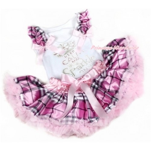 White Baby Pettitop with Light Pink Checked Ruffles & Light Pink Bows with Sparkle Crystal Bling Rhinestone Keep Calm And Sparkle On Print with Light Pink Checked Newborn Pettiskirt NN138 