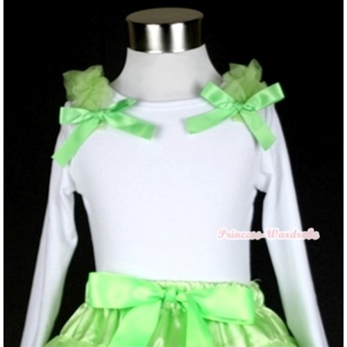 White Long Sleeves Top with Light Green Ruffles & Light Green Bow T257 