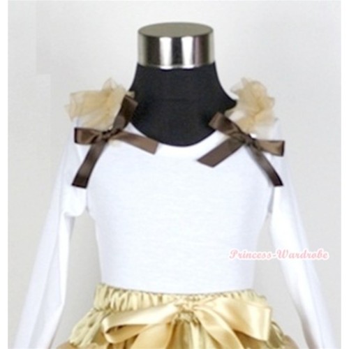 White Long Sleeves Top with Light Brown Ruffles & Dark Brown Bow T258 
