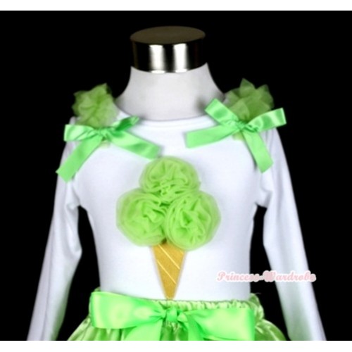 White Long Sleeves Top with Light Green Ice Cream Print With Light Green Ruffles & Light Green Bow T260 