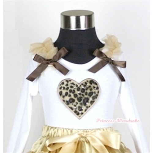 White Long Sleeves Top with Leopard Heart Print With Light Brown Ruffles & Dark Brown Bow T262 