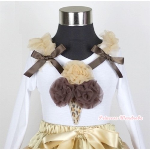 White Long Sleeves Top with Light Brown Dark Brown Leopard Ice Cream Print With Light Brown Ruffles & Dark Brown Bow T263 