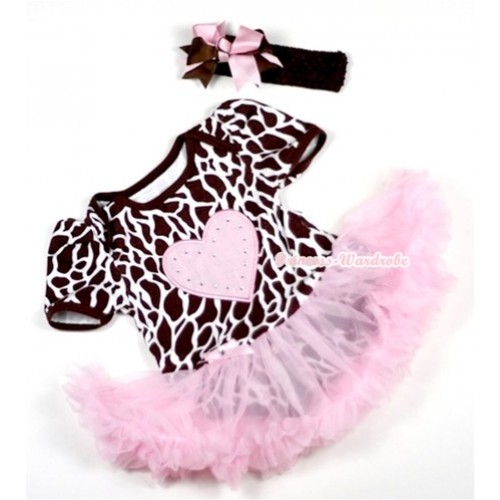 Giraffe Baby Jumpsuit Light Pink Pettiskirt With Light Pink Heart Print With Brown Headband Brown Light Pink Ribbon Bow JS149 