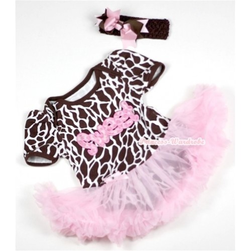 Giraffe Baby Jumpsuit Light Pink Pettiskirt With Sweet Print With Brown Headband Brown Light Pink Ribbon Bow JS152 