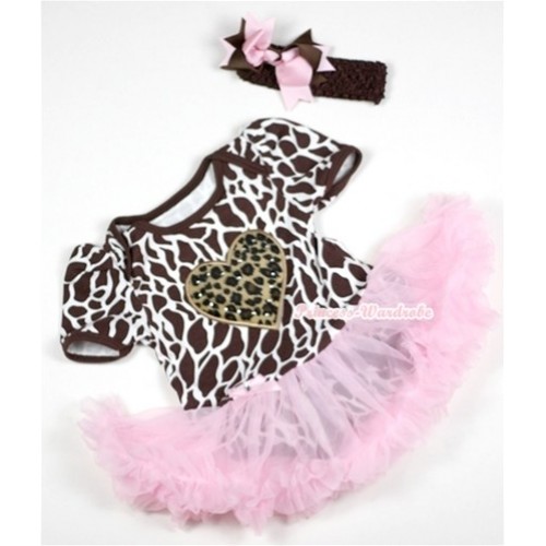 Giraffe Baby Jumpsuit Light Pink Pettiskirt With Leopard Heart Print With Brown Headband Brown Light Pink Ribbon Bow JS153 