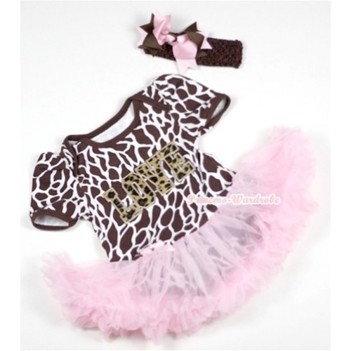 Giraffe Baby Jumpsuit Light Pink Pettiskirt With Leopard Love Print With Brown Headband Brown Light Pink Ribbon Bow JS154 