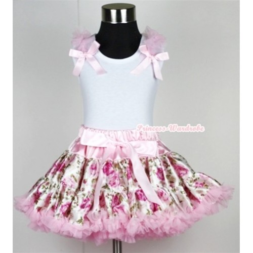 White Tank Top With Light Pink Ruffles & Light Pink Bows With Light Pink Rose Fusion Pettiskirt MN089 