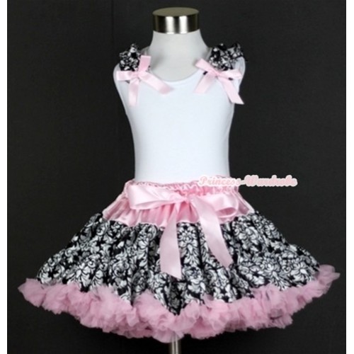White Tank Top With Damask Ruffles & Light Pink Bows With Light Pink Damask Pettiskirt MN092 