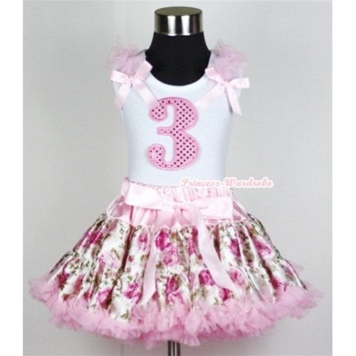 White Tank Top with 3rd Sparkle Light Pink Birthday Number Print with Light Pink Ruffles &Light Pink Bow With Light Pink Rose Fusion Pettiskirt MG330 