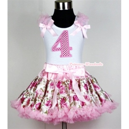 White Tank Top with 4th Sparkle Light Pink Birthday Number Print with Light Pink Ruffles &Light Pink Bow With Light Pink Rose Fusion Pettiskirt MG331 