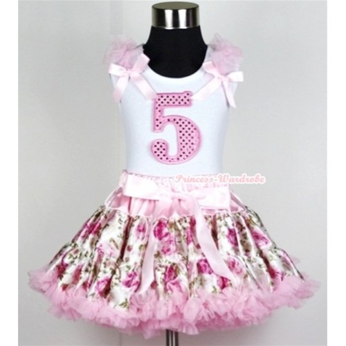 White Tank Top with 5th Sparkle Light Pink Birthday Number Print with Light Pink Ruffles &Light Pink Bow With Light Pink Rose Fusion Pettiskirt MG332 