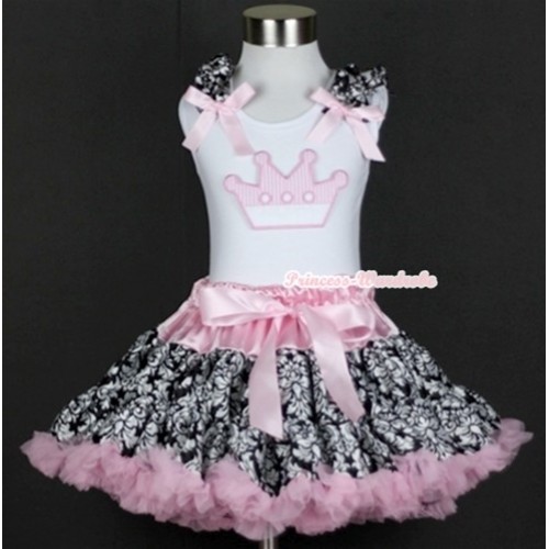 White Tank Top with Crown Print with Damask Ruffles & Light Pink Bow& Light Pink Damask Pettiskirt MG340 
