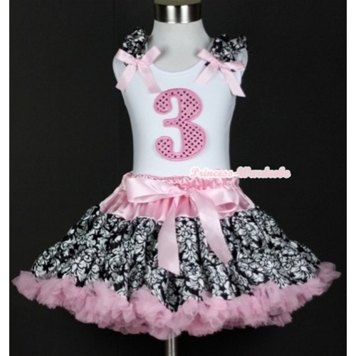 White Tank Top with 3rd Sparkle Light Pink Birthday Number Print with Damask Ruffles & Light Pink Bow& Light Pink Damask Pettiskirt MG343 