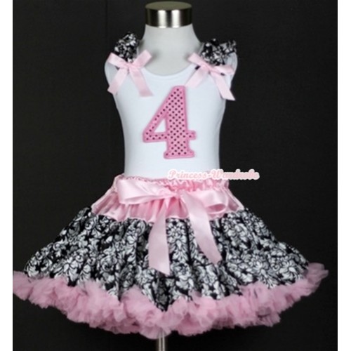 White Tank Top with 4th Sparkle Light Pink Birthday Number Print with Damask Ruffles & Light Pink Bow& Light Pink Damask Pettiskirt MG344 
