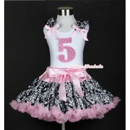 White Tank Top with 5th Sparkle Light Pink Birthday Number Print with Damask Ruffles & Light Pink Bow& Light Pink Damask Pettiskirt MG345 