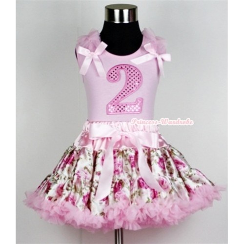 Light Pink Tank Top with 2nd Sparkle Light Pink Birthday Number Print with Light Pink Ruffles &Light Pink Bow With Light Pink Rose Fusion Pettiskirt M271 