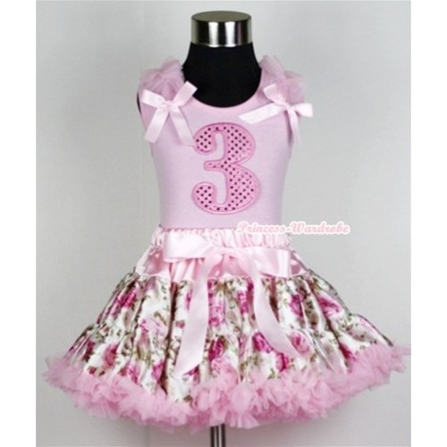 Light Pink Tank Top with 3rd Sparkle Light Pink Birthday Number Print with Light Pink Ruffles &Light Pink Bow With Light Pink Rose Fusion Pettiskirt M272 