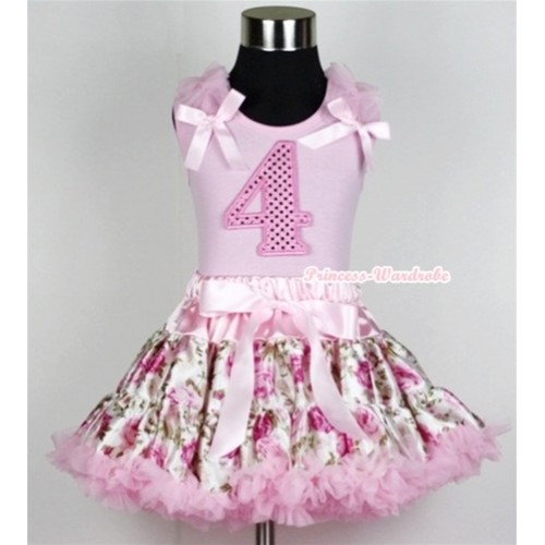 Light Pink Tank Top with 4th Sparkle Light Pink Birthday Number Print with Light Pink Ruffles &Light Pink Bow With Light Pink Rose Fusion Pettiskirt M273 