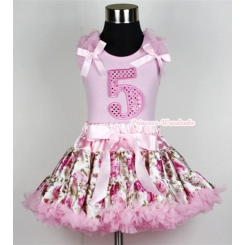 Light Pink Tank Top with 5th Sparkle Light Pink Birthday Number Print with Light Pink Ruffles &Light Pink Bow With Light Pink Rose Fusion Pettiskirt M274 