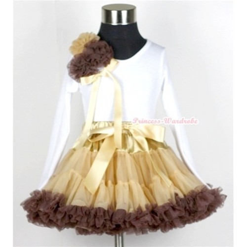 Light Dark Brown Pettiskirt with Matching White Long Sleeves Top with Bunch of One Light Brown Two Dark Brown Rosettes& Goldenrod Bow MW97 